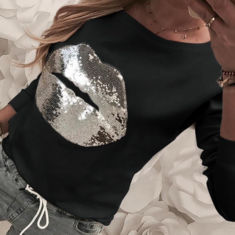 Spring Women Tops Hot Sequined Lip T-shirts Black White Casual Tee Shirt Femme O-neck Long Sleeve Tshirts   G1113 - Executive-Skincare