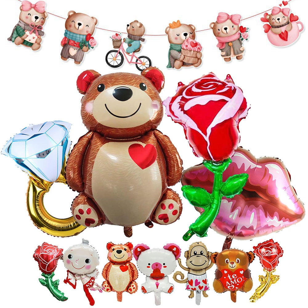 Big Bear Foil Balloon Love Heart Bear Balloon Red Rose Balloon Baby Shower Wedding Decor Birthday Valentine's Day Party Supplies - Executive-Skincare