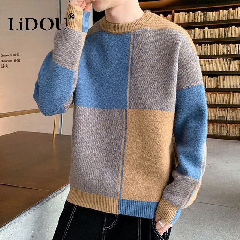 Autumn Winter New Fashion Temperament Patchwork Korean Sweaters Man Casual Loose Y2K Chic Male Tops Knitting Pullover Streetwear - Executive-Skincare