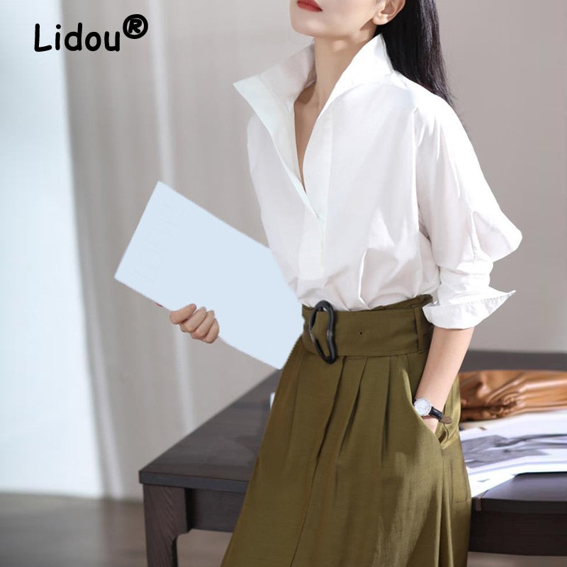 2022 New Autumn Fashion Women&#39;s Casual Three-quarter Sleeve Cotton Shirt Elegant Stand Collar White Office Lady Loose Blouse Top - Executive Quality Store