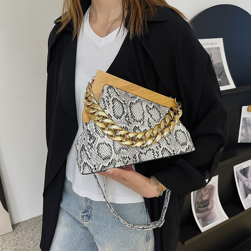 Lady Handbag Luxury Designer 2022 New Clutch Bag Snake Pattern Wooden Clip Handbags And Purse Woman Bags Vintage Shoulder Bag - Executive-Skincare