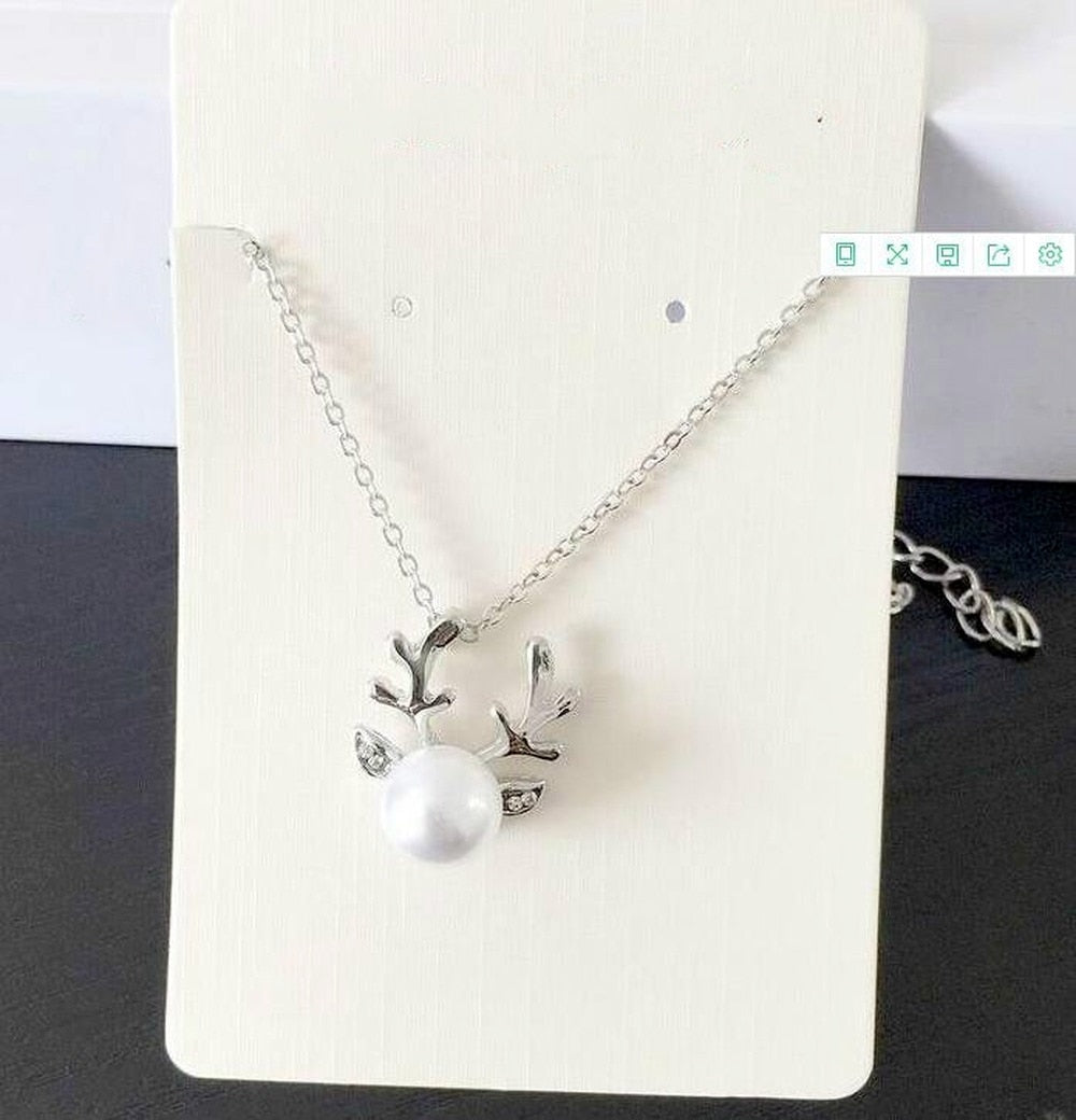 Cute Reindeer Antlers Pearl Chain Pendant Necklace Deer Stag Christmas Present  Necklace Christmas Decoration Reindeer - Executive-Skincare