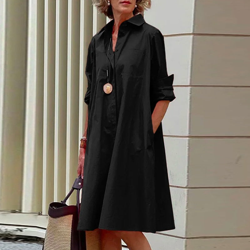 Autumn New Simple Shirt Dress Casual Solid Color Long Sleeves Fashion Turn-down Collar Elegant Pocket Streetwear Female Dresses - Executive-Skincare