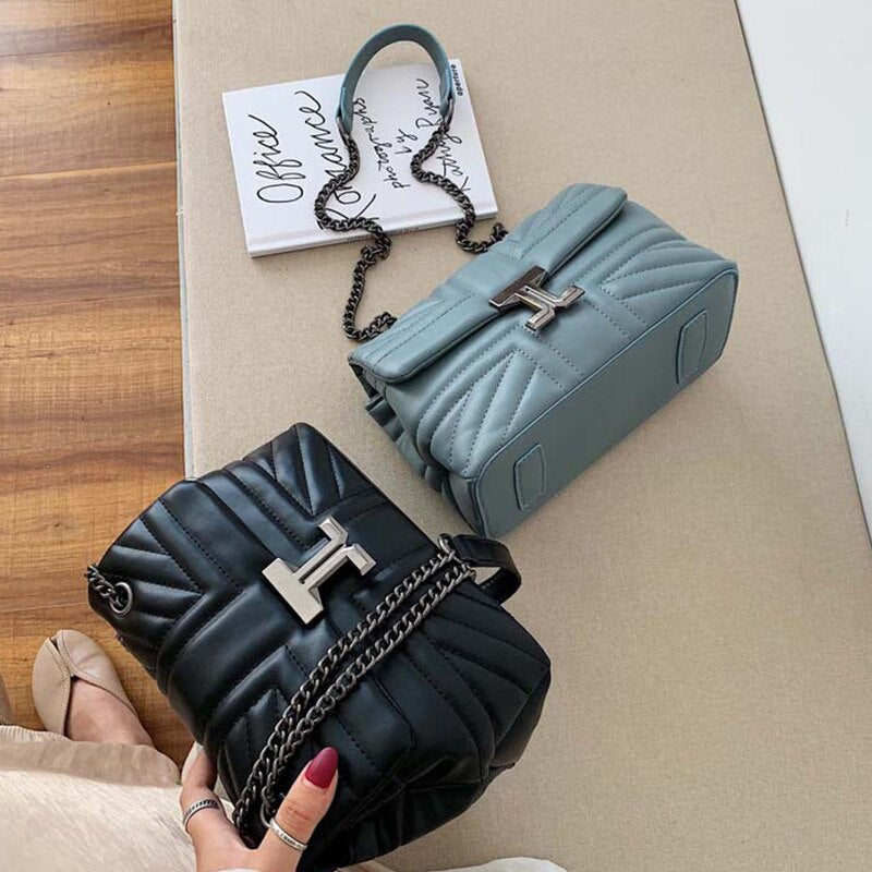 Trendy Chain Sling Crossbody Bags for Women PU Leather Shoulder Messenger Bag Ladies Brand Design Solid Color Female Travel Bag - Executive-Skincare