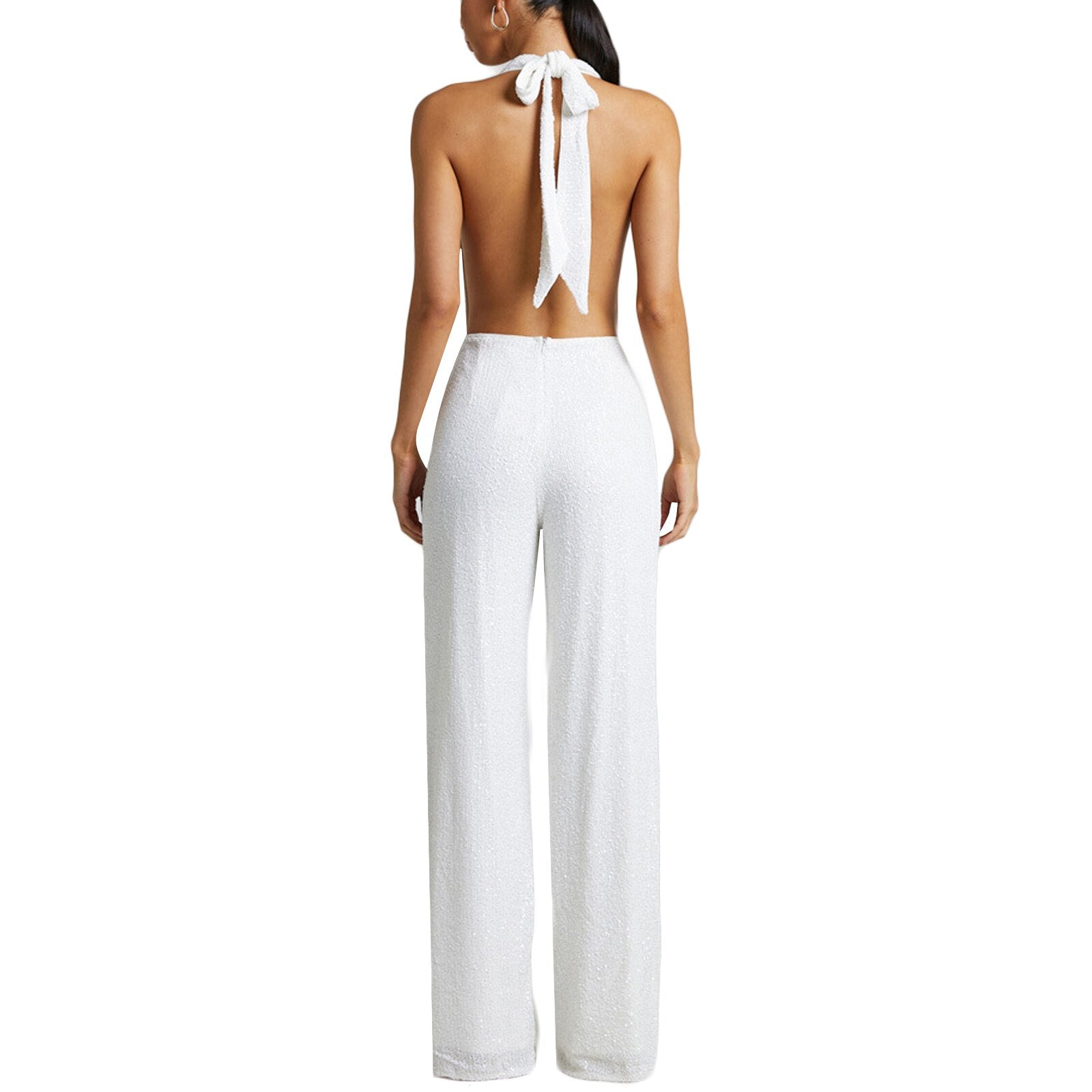 2023 Summer Women Sleeveless Romper Sexy Hanging Neck Low Cut Neckline Backless Bandage Solid Color Casual Party White Jumpsuits - Executive Quality Store