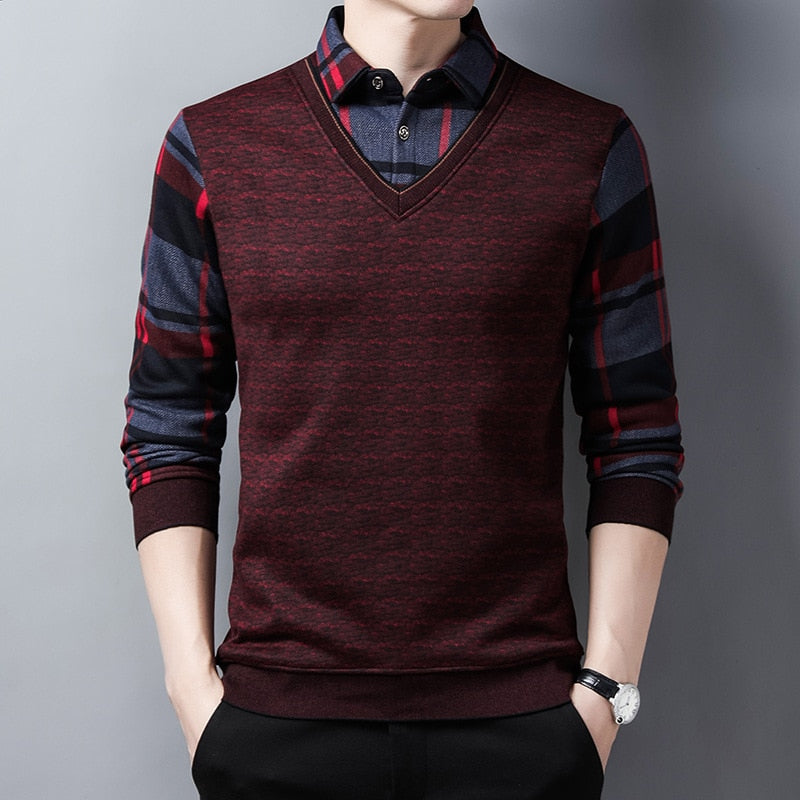 Winter Fashion Men&#39;s Sweater Fleece Thickened Knitted Men Clothing Fake Two Piece Shirt + Sweaters Men&#39;s Warm Knitwear MY740 - Executive-Skincare