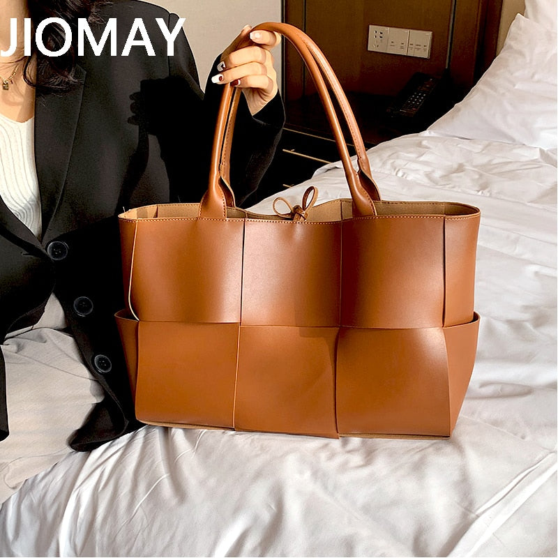 JIOMAY Large Capacity Handbags for Women 2022 Fashion Leather Woven Tote Bags Designer Solid Color Lacing Plaid PU Shoulder Bags - Executive-Skincare