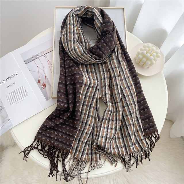 Luxury Plaid Scarf Winter Warm Cashmere Women Long Pashmina Foulard Female Scarves Lady Tassel Shawl Wraps 2022 Design New - Executive-Skincare