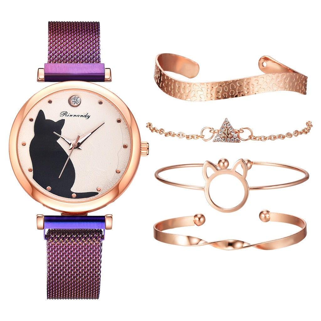 Fashion Watch Set Women 5pcs Quartz Wristwatch Mesh Bracelet Cat Dial Luxury Woman Watch Casual Ladies Clock Relogio Femenino - Executive-Skincare