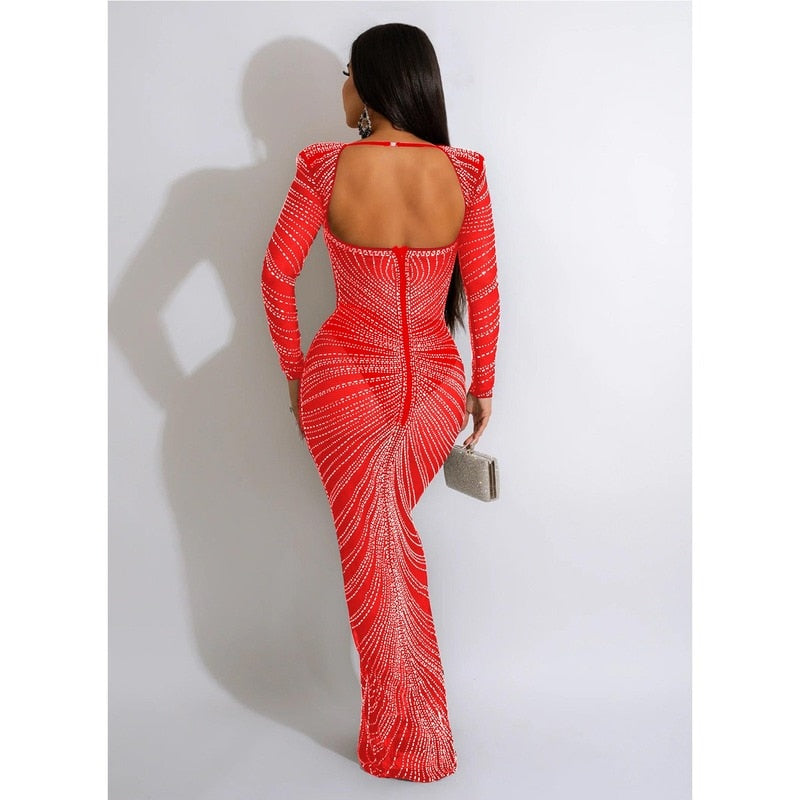 Diamonds Sheer Mesh Maxi Party Dress Women Strapless Backless Long Sleeve Bodycon Long Clubwear Robe Female Birthday Gifts - Executive-Skincare