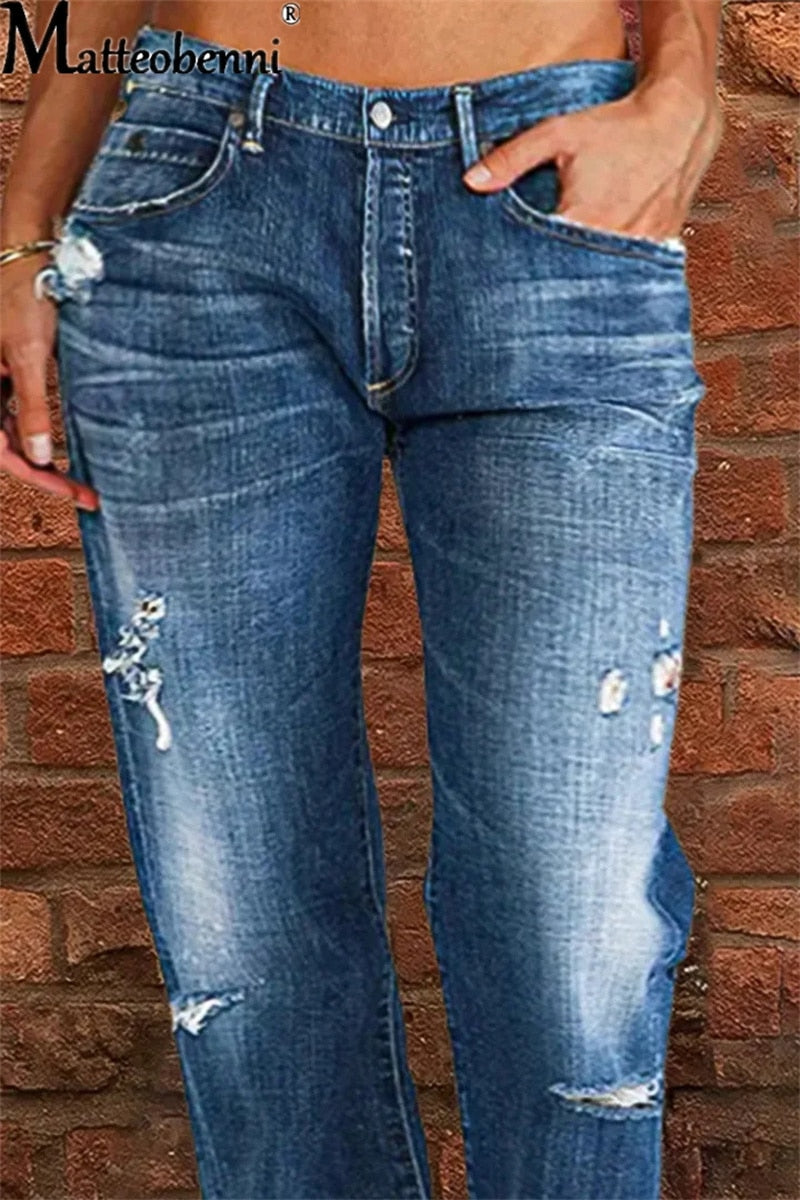 Fashion New Stretch Mid-Waist Straight Jeans Women Casual Stitching Denim Pants Female Washable Broken Holes Trousers Streetwear - Executive-Skincare