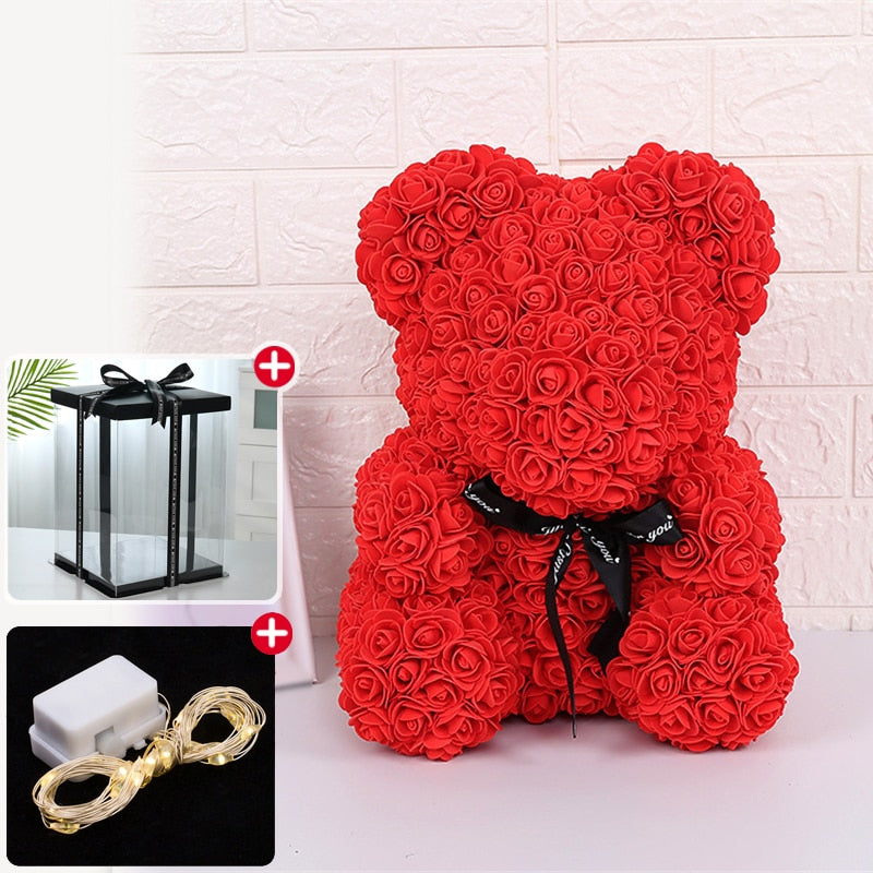 Rose Bear Artificial Flower With Box and Light Rose Teddy Bear Wedding Decor Christmas Women Valentines Girlfriend Birthday Gift - Executive-Skincare