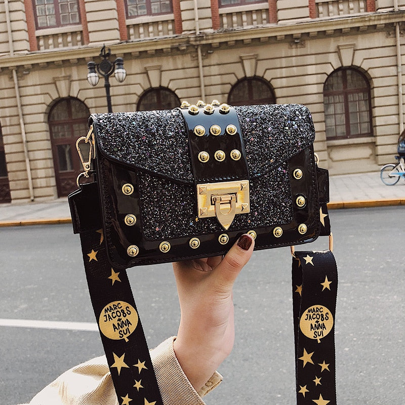 Fashion Crossbody Bags for Women Rivet Patent Leather Wide Shoulder Bag Woman Trend Sequin Multi-layer Small Square Female Bag - Executive-Skincare