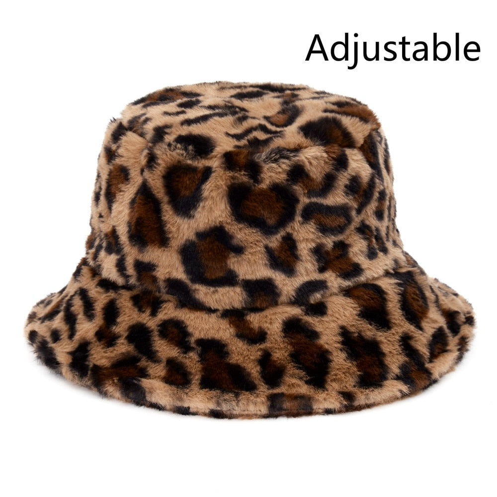 Winter Cow Leopard Faux Fur Fluffy Bucket Hats Women Outdoor Warm Sun Hat Soft Velvet Furry Fisherman Cap Girl Fashion Panama - Executive-Skincare