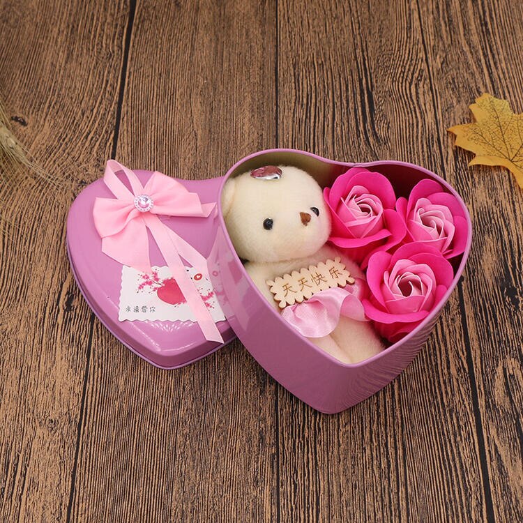 1pcs Heart-Shaped Artificial Rose Flowers Bear Gift Box Valentine Romantic Wedding Party For Girlfriend Wife Romantic Present - Executive-Skincare