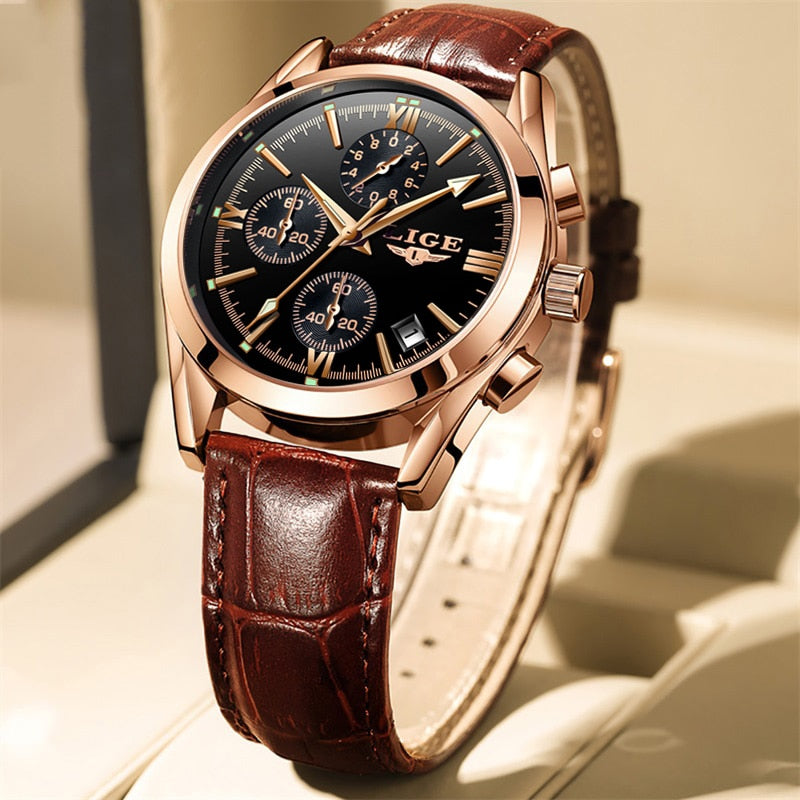 2022 LIGE New Fashion Mens Watches Top Brand Luxury Military Quartz Watch Premium Leather Waterproof Sport Chronograph Watch Men - Executive-Skincare