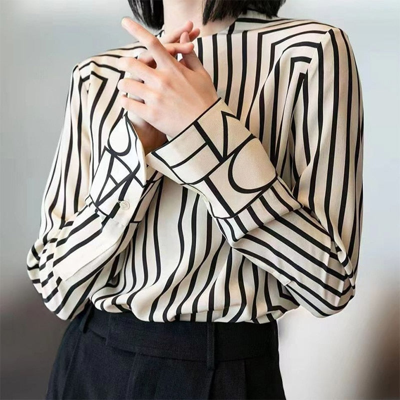 Fashion Women Blouses 2022 New Spring Autumn Striped Printing Office Lady Round Neck Slim Long Sleeve All-match Chiffon Shirt - Executive Quality Store