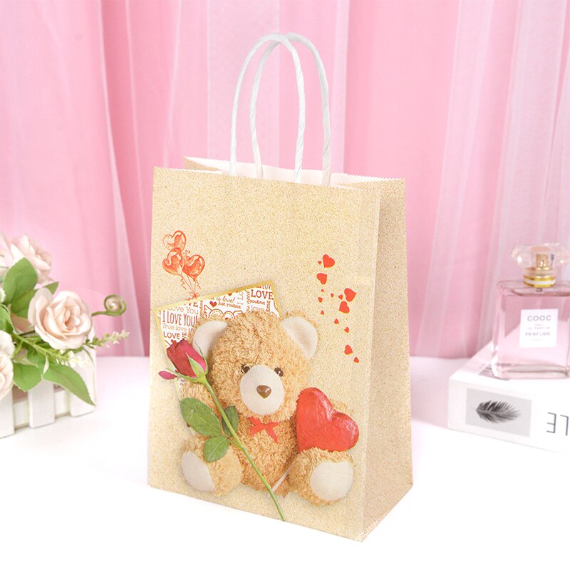 5pcs Love Heart Bear Kraft Paper Bags Valentines Day Gift Packaging Anniversary Wedding Cookie Candy Bag Birthday Party Supplies - Executive-Skincare