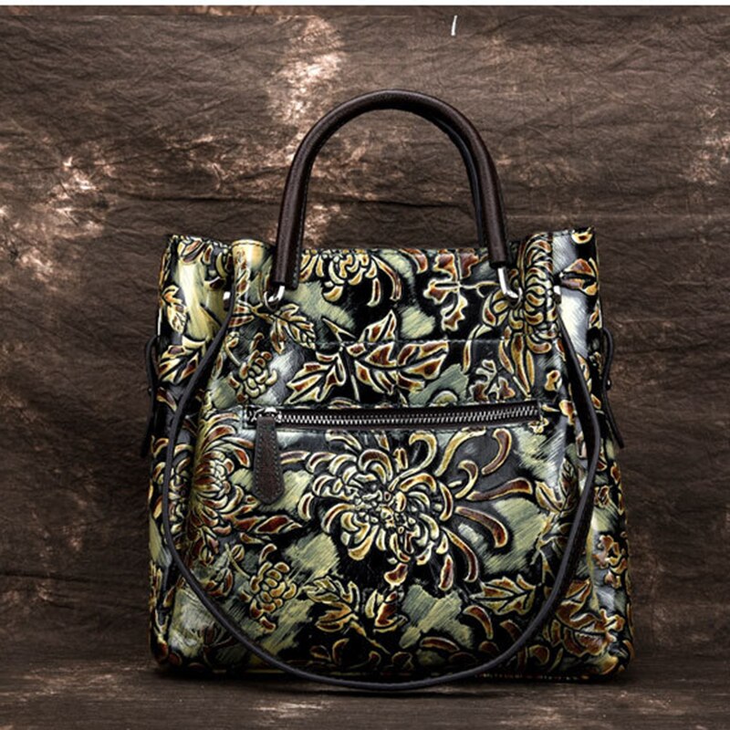 Natural Skin Embossed Messenger Shoulder Female Handbag Tote Bags Floral High Quality Genuine Leather Women Top Handle Bag - Executive-Skincare