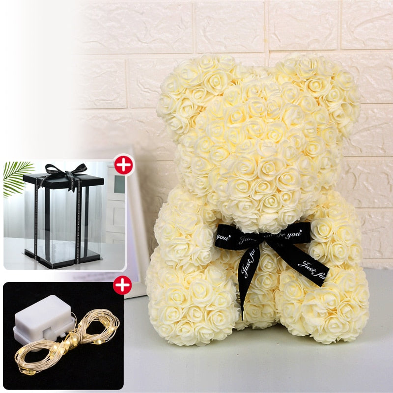 Rose Bear Artificial Flower With Box and Light Rose Teddy Bear Wedding Decor Christmas Women Valentines Girlfriend Birthday Gift - Executive-Skincare