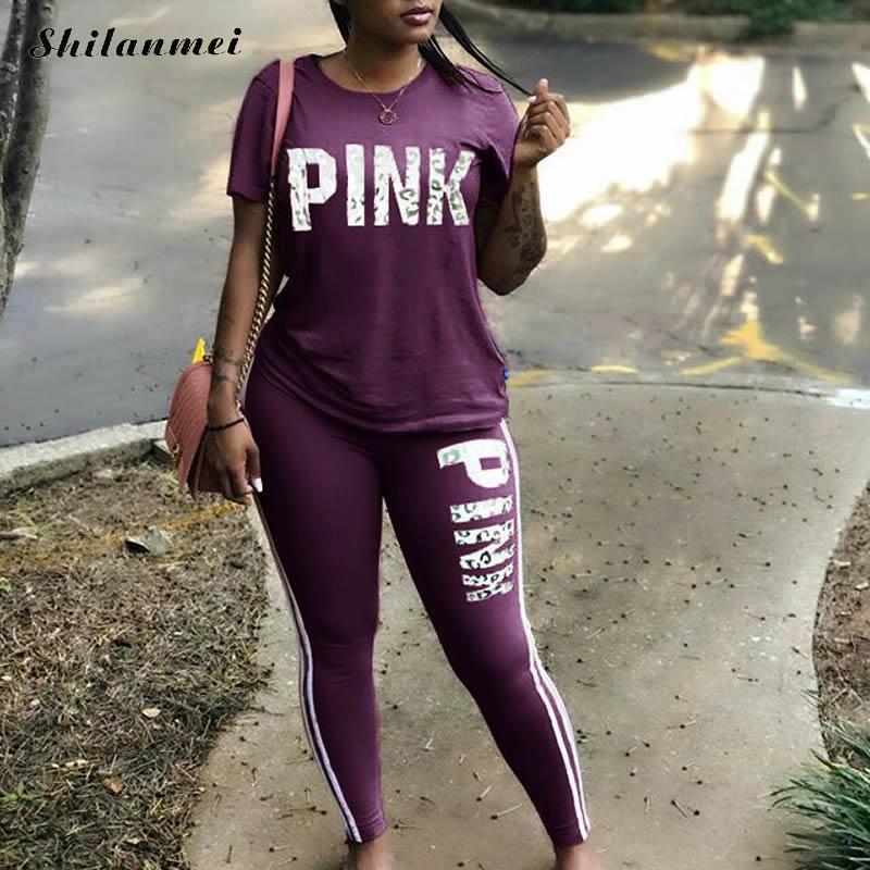 2022 New Tracksuit For Women Pink Letter Print Two Piece Sets Casual 2 PCS Outfits Short Sleeve T Shirt Pants Suits Matching Set - Executive Quality Store