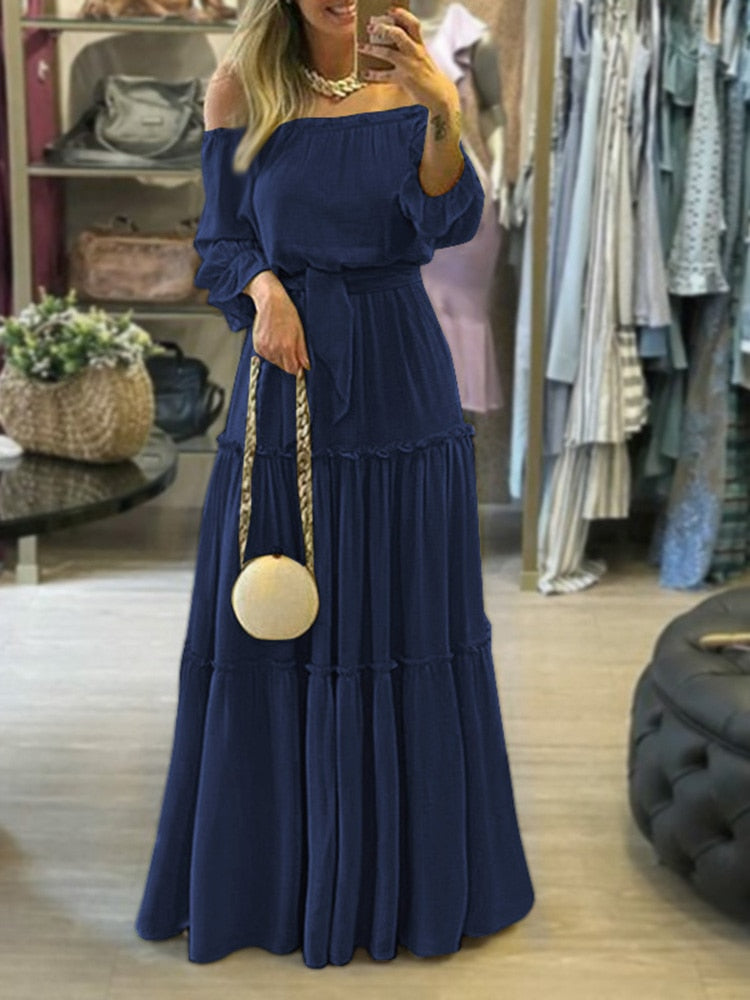 ZANZEA Fashion Off Shoulder Vestidos Female Lace Up Belted Dresses Beach Holiday Ruffle Robe Womens Bohemian Long Maxi Dress - Executive-Skincare