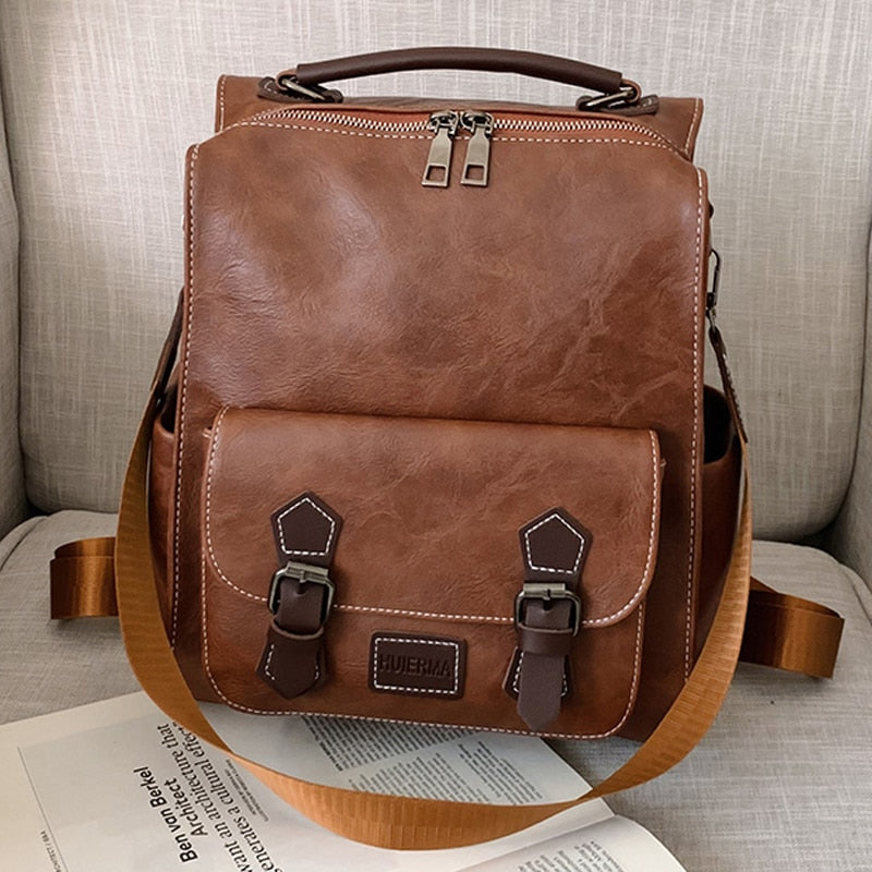 WR 2022 Trendy Women&#39;s Backpack Vintage Pu Leather Daypack Brown Mochilas Para Mujer Casual Travel Bag Retro Student School Bag - Executive-Skincare