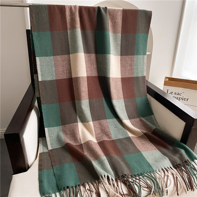 Luxury Plaid Scarf Winter Warm Cashmere Women Long Pashmina Foulard Female Scarves Lady Tassel Shawl Wraps 2022 Design New - Executive-Skincare