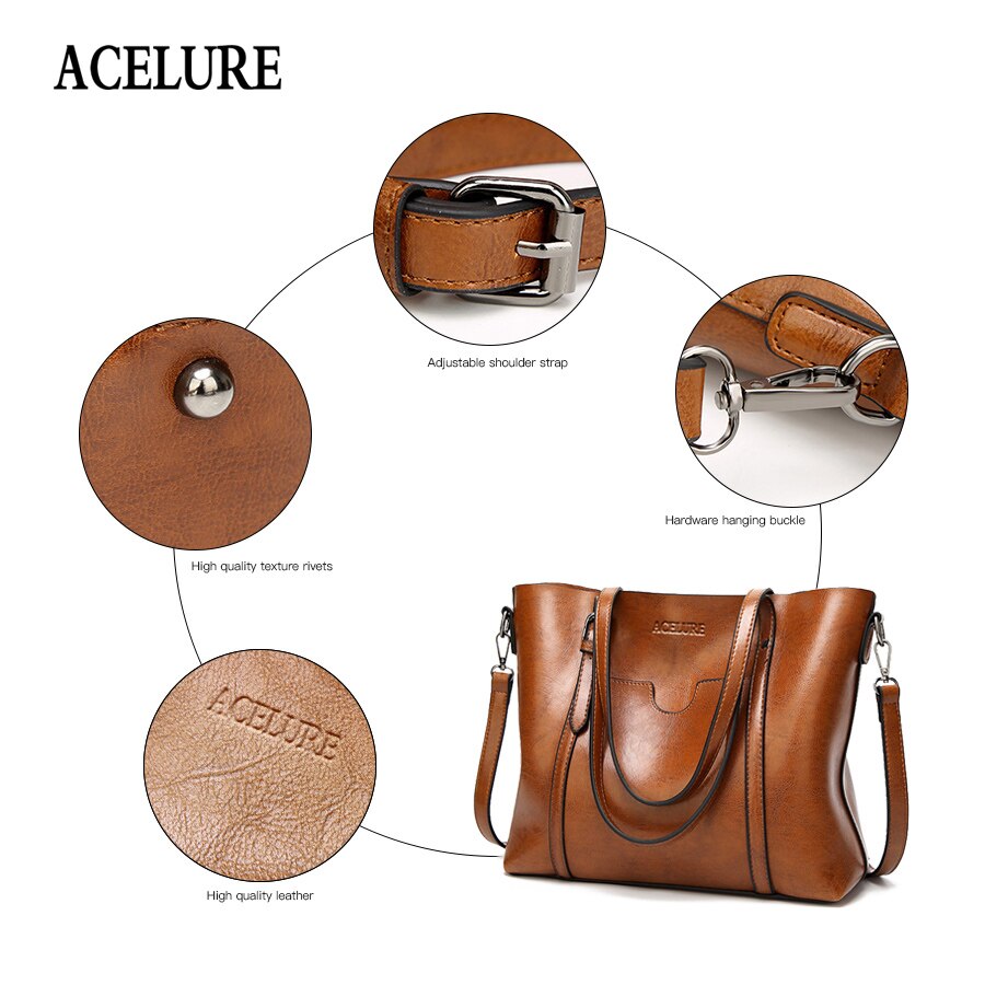 ACELURE Women bag Oil wax Women&#39;s Leather Handbags Luxury Lady Hand Bags With Purse Pocket Women messenger bag Big Tote Sac Bols - Executive-Skincare