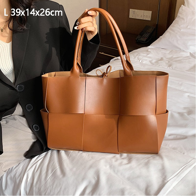 JIOMAY Large Capacity Handbags for Women 2022 Fashion Leather Woven Tote Bags Designer Solid Color Lacing Plaid PU Shoulder Bags - Executive-Skincare