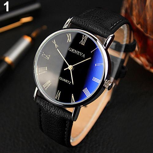 Men Watch Roman Numerals Blu-Ray Faux Leather Band Quartz Analog Business Wrist Watch - Executive-Skincare