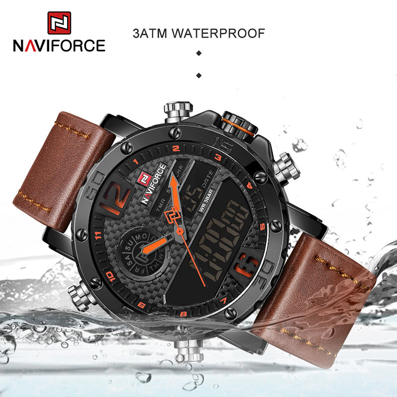 Mens Watches To Luxury Brand Men Leather Sports Watches NAVIFORCE Men&#39;s Quartz LED Digital Clock Waterproof Military Wrist Watch - Executive-Skincare