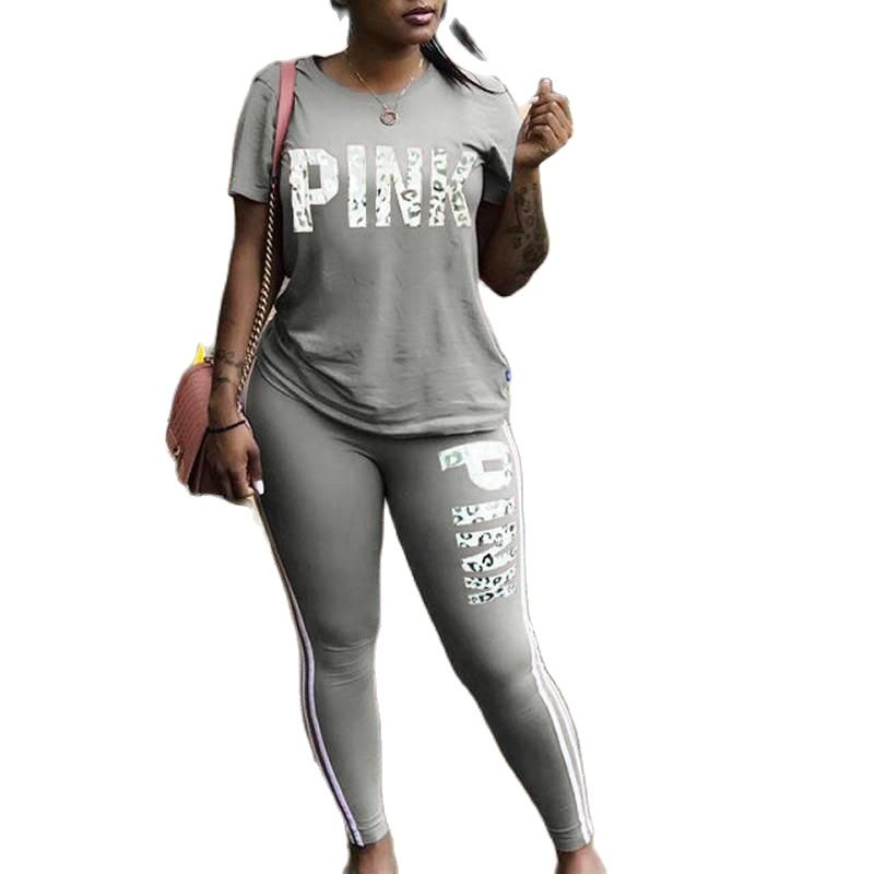 2022 New Tracksuit For Women Pink Letter Print Two Piece Sets Casual 2 PCS Outfits Short Sleeve T Shirt Pants Suits Matching Set - Executive Quality Store