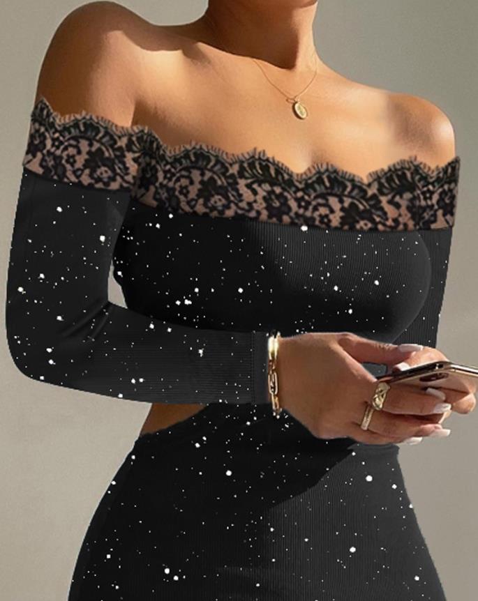 Summer Dresses Woman 2022 Sexy Party Glitter Contrast Lace Elegant Black Wedding Guest Off Shoulder Cutout Bodycon Midi Dress - Executive-Skincare