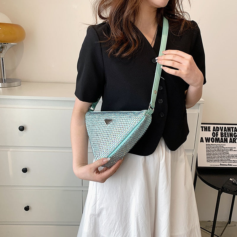 Luxury Zircon Nylon Shoulder Crossbody Triangle Bags For Women 2022 Solid Women&#39;s Designer Small Handbag Female Trend Armpit Bag - Executive-Skincare