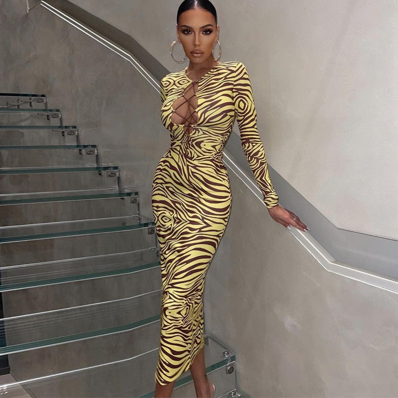 WJFZQM Lace Up Hollow Out Midi Dress Women Zebra Print Long Sleeve Bodycon Sexy Streetwear Party Club Festival Clothes 2022 - Executive-Skincare