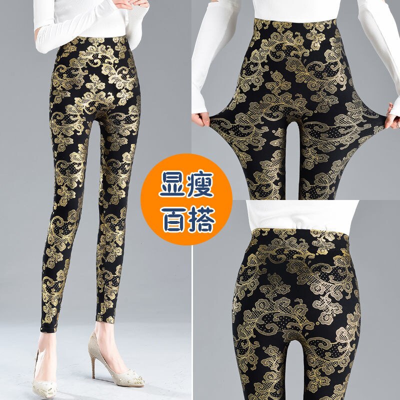 Autumn Winter Sequin Floral Women&#39;s Glitter Warm Velvet Leggings Pants High Waist Elastic Black Bottoms Pencil Trousers - Executive-Skincare