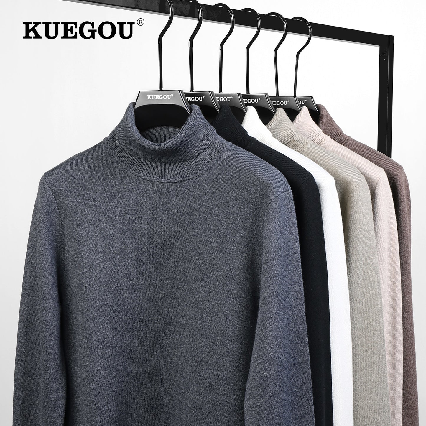 KUEGOU 2022 Autumn Winter New Men&#39;s Turtleneck Sweater High Quality Jumper Slim Fit Male Knitting Pullovers Warm Plus Size DR01 - Executive-Skincare