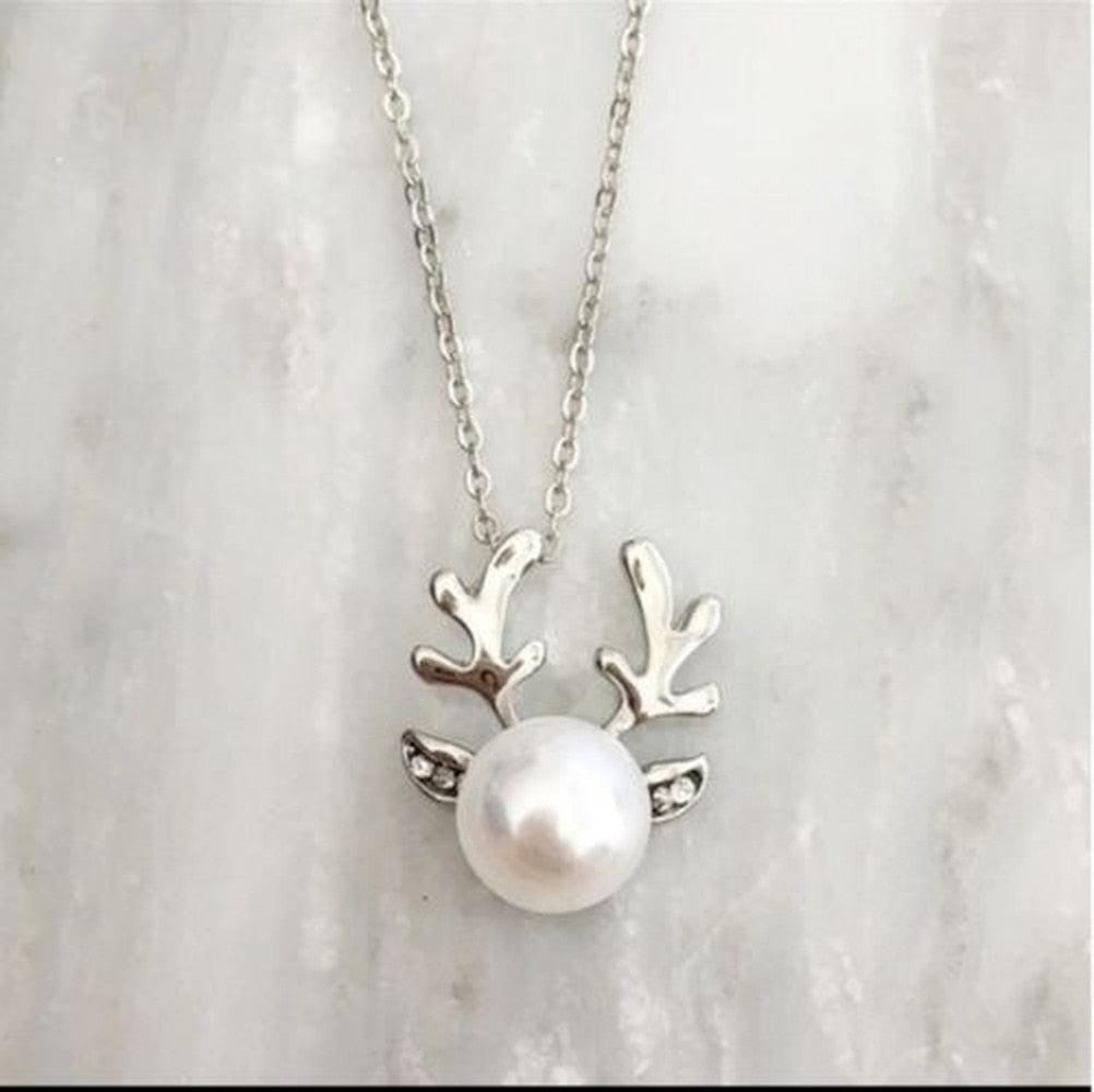 Cute Reindeer Antlers Pearl Chain Pendant Necklace Deer Stag Christmas Present  Necklace Christmas Decoration Reindeer - Executive-Skincare