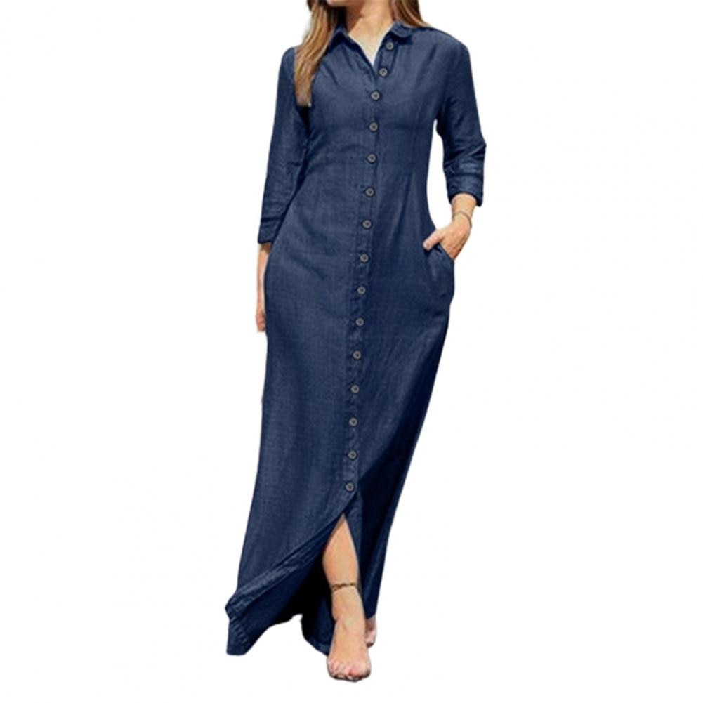 Shirt Dresses Turn-Down Collar 3/4 Sleeve Women Dress Two Pockets Single Breasted Denim Maxi Dress Party Vestidos Robe - Executive-Skincare