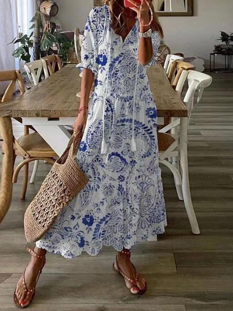 White Maxi Summer Dress Elegant Short Sleeve Hollow Out Bohemian Dresses for Women Loose Fit V Neck Loose Sundress Vestidos - Executive-Skincare