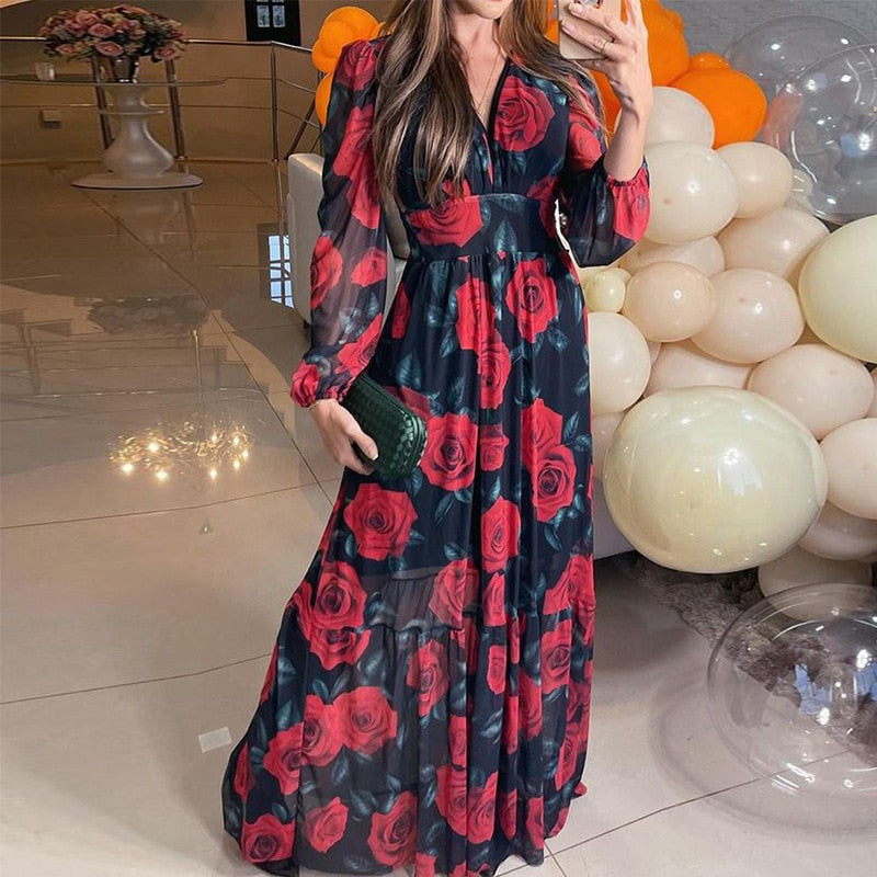 2022 Spring Women Long Sleeved Cutout V-Neck Twist Summer Elegant Tie Dyed Floral Printed Lantern Sleeve Split Thigh Maxi Dress - Executive-Skincare