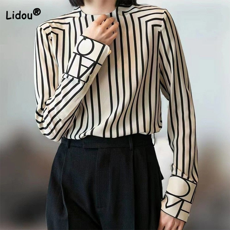 Fashion Women Blouses 2022 New Spring Autumn Striped Printing Office Lady Round Neck Slim Long Sleeve All-match Chiffon Shirt - Executive Quality Store