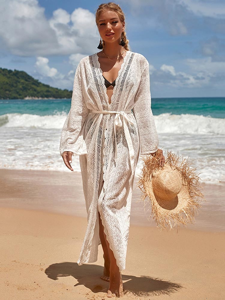 2022 Crochet White Knitted Beach Cover up dress Tunic Long Pareos Bikinis Cover ups Swim Cover up Robe Plage Beachwear - Executive-Skincare