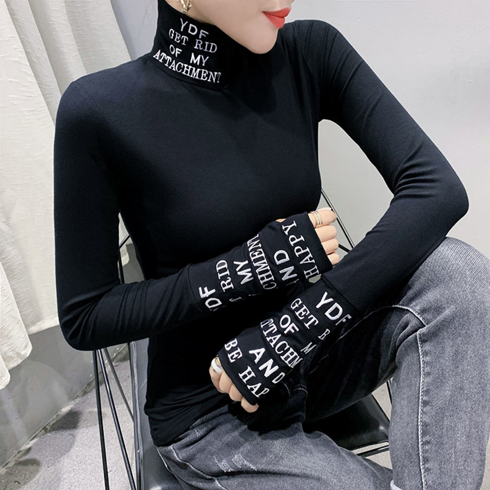 Black White Long Sleeve Tshirt Women Letters Printed T Shirt Femme Elastic Harajuku Tight Turtleneck T Shirt Woman Cotton - Executive Quality Store