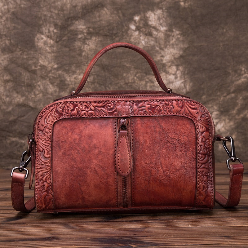 High Quality Genuine Leather Women Cowhide Top Handle Bags Vine Embossed Tote Handbag Vintage Crossbody Shoulder Messenger Bag - Executive-Skincare