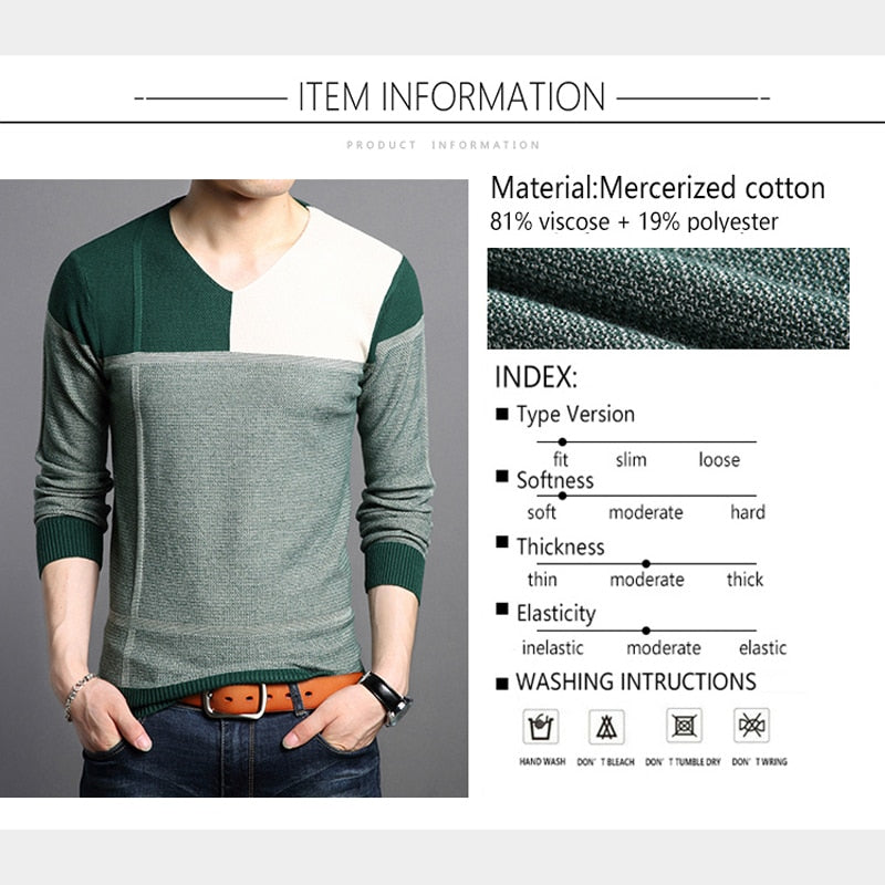 BROWON Men Autumn Sweater Long Sleeve Sweater Male Color Match Casual Splicing Design Slim Sweaters Outwear Hot Sale - Executive-Skincare