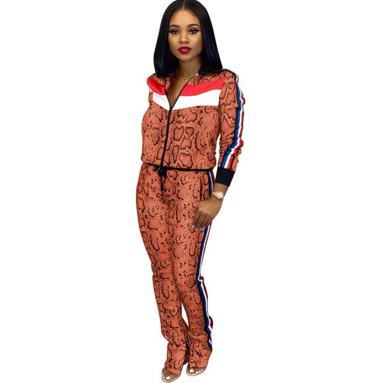 PinePear Fall 2022 Casaul Snake Print Tracksuit Women 2 Piece Set Top and Pants Striped Patchwork Zipper Sweat Suit Dropshipping - Executive Quality Store