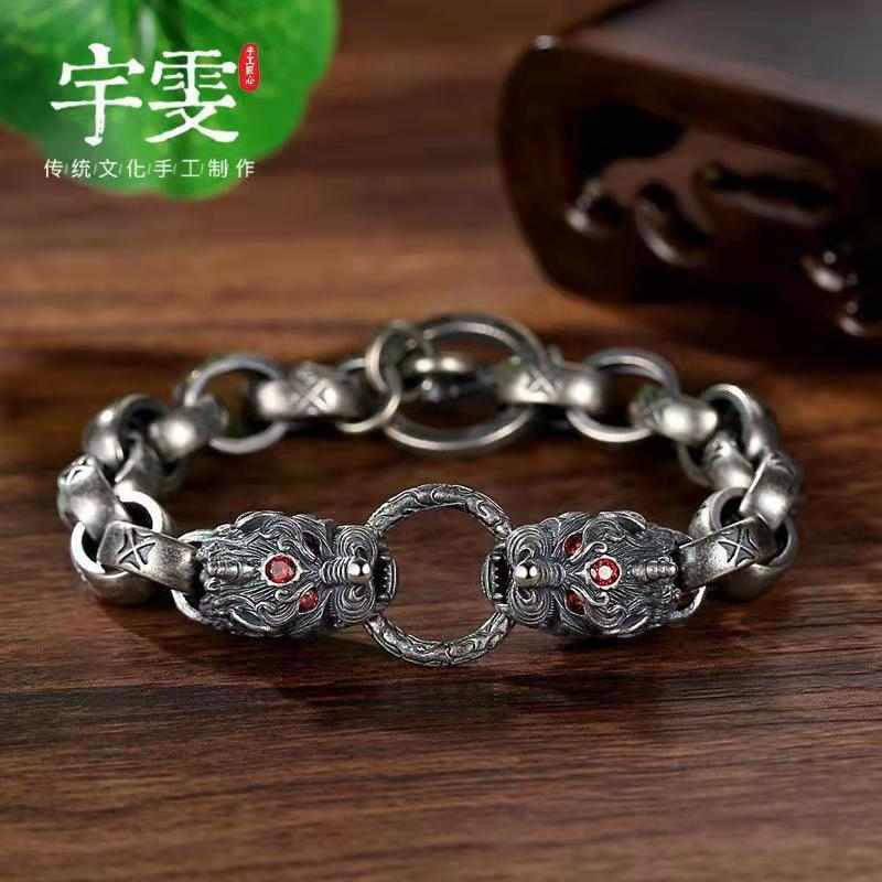 925 sterling silver palace double pixiu bracelet for male handmade retro personality domineering valentine&#39;s day gift for boyfri - Executive-Skincare