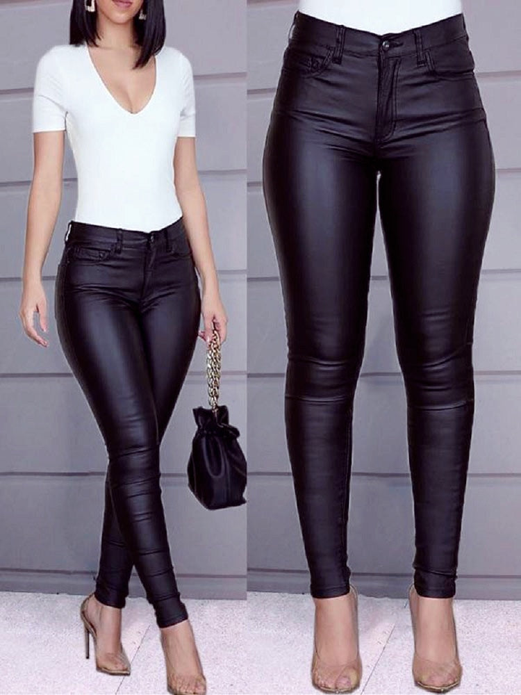 Summer Black Fake PU Leather Pant Women High Waist Elasticity Slim Push Up Casual Skinny Thin Pencil Trousers Ladies  oversized - Executive-Skincare